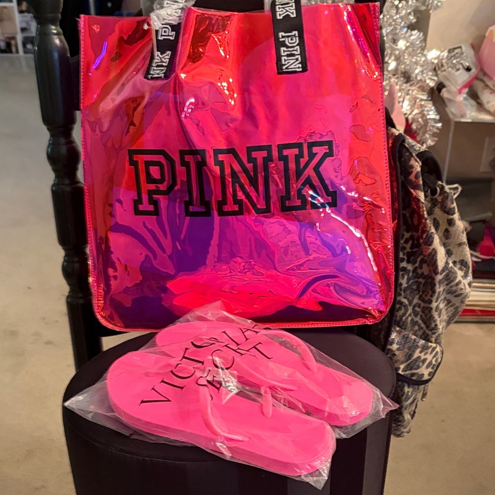 Pink Victoria’s Secret holographic bag and Size 7/8 Flip Flops both NWT